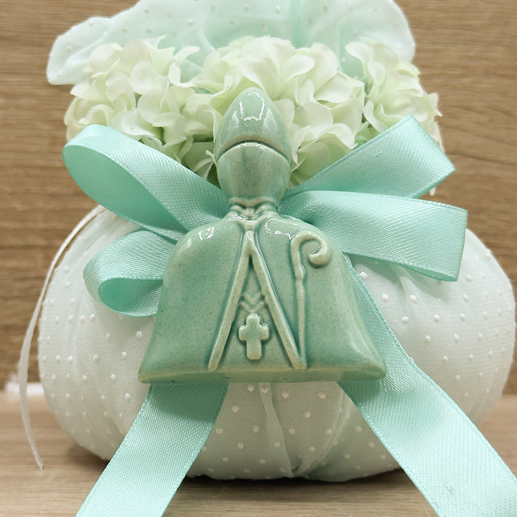 Sacchettone Pois Tiffany Con Ortensie e San Gennaro Orchidea Bomboniere