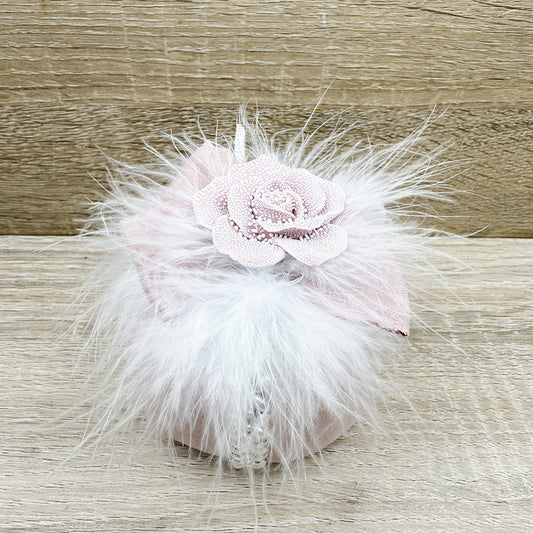 Sacchetto Rosa con Passamaneria Fiori Argento,Fiori, Piume e Sali Profumati