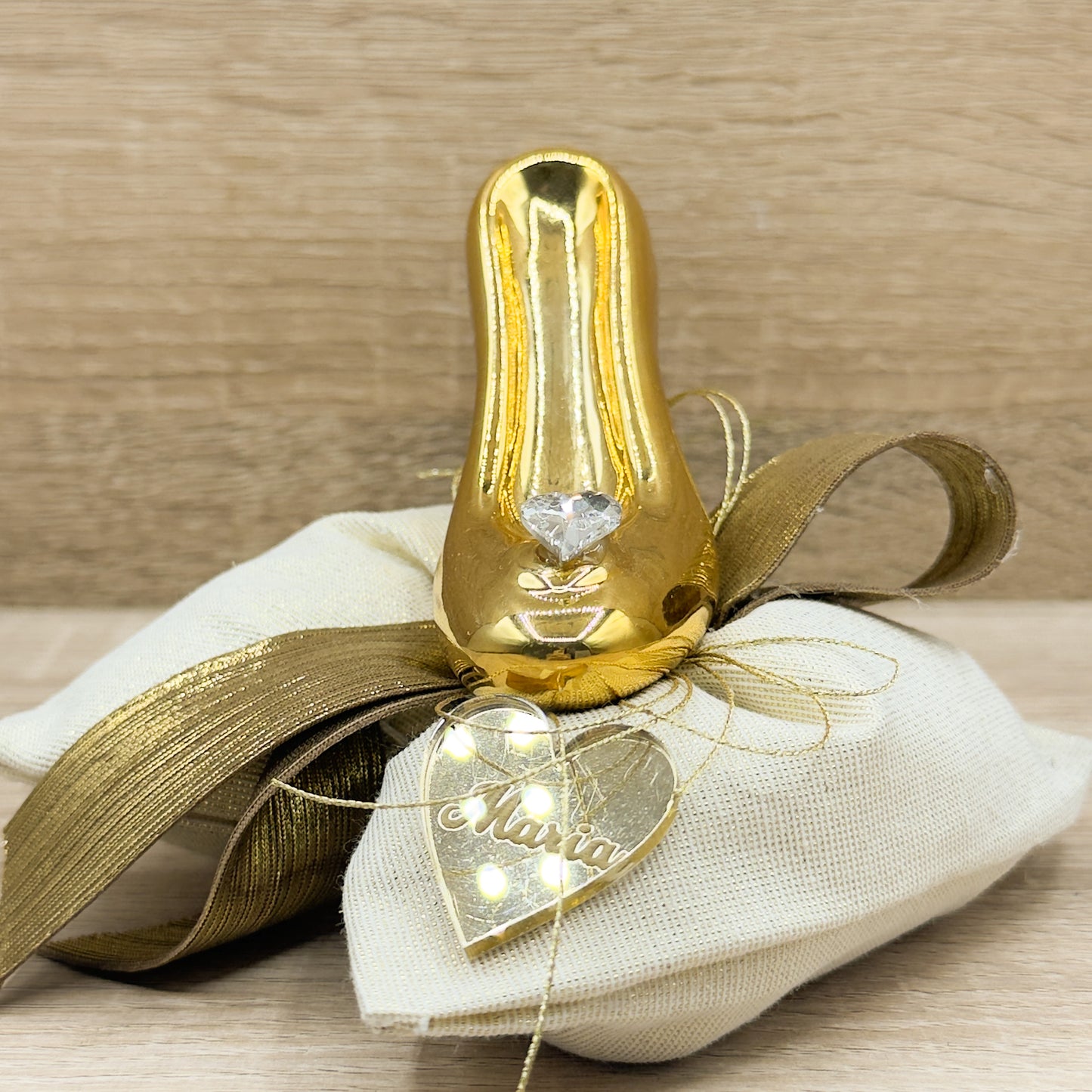 Sacchetto Fiocco Con Scarpetta Oro Con Sali Profumati Orchidea Bomboniere