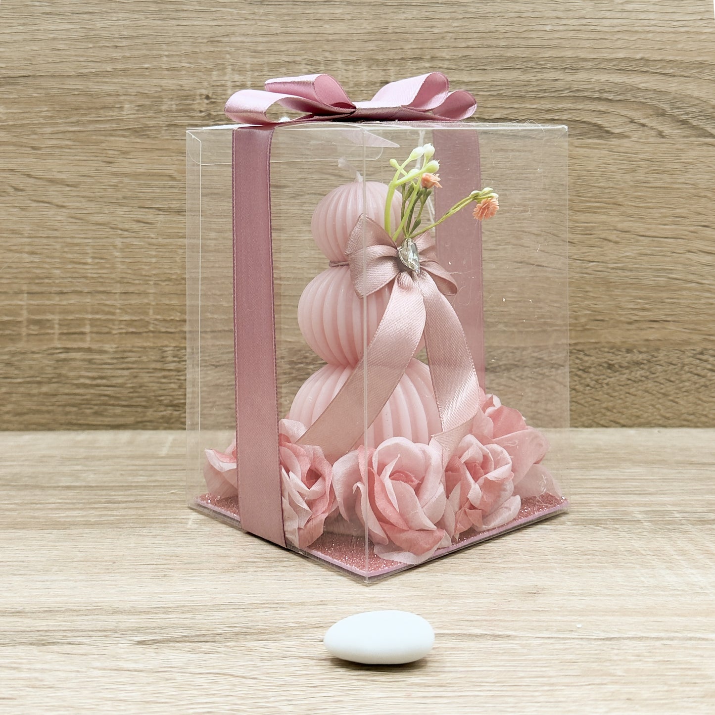 Candela 3 Sfere e Rose Rosa Orchidea Bomboniere