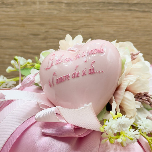 Sacco In Raso Rosa Con Cuore Orchidea Bomboniere