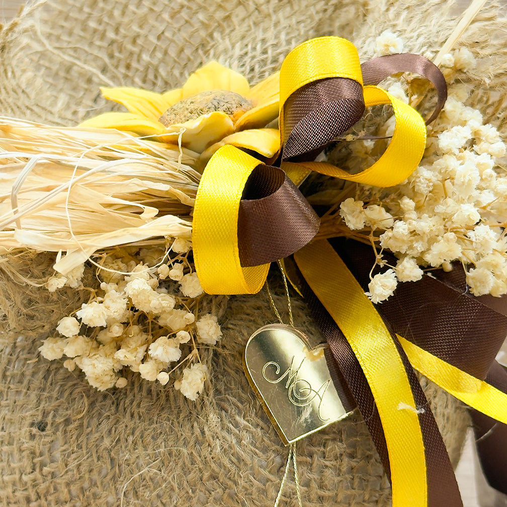 Sacchetto Con Girasole E Cuore Oro Orchidea Bomboniere