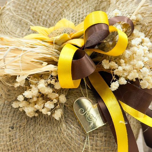 Sacchetto Con Girasole E Cuore Oro Orchidea Bomboniere
