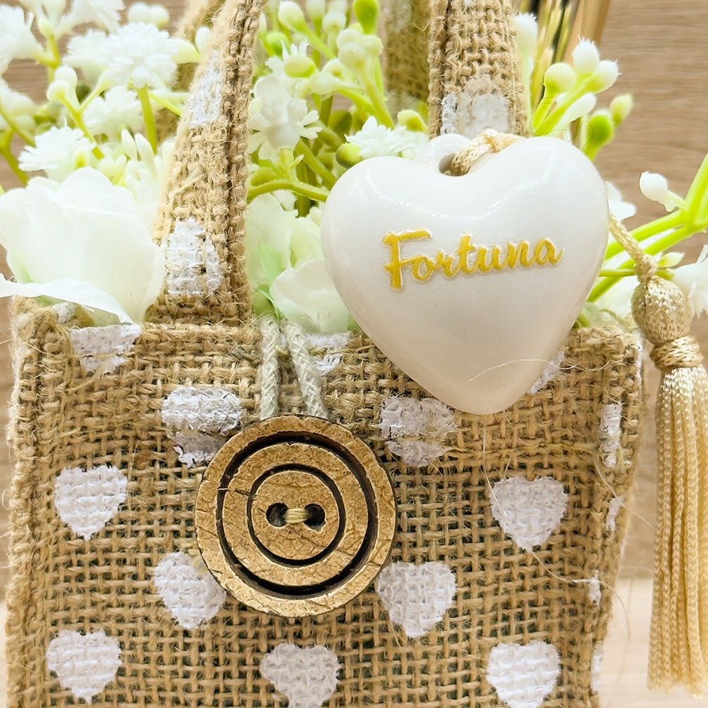 Borsetta A Cuori Con Cuore Bianco "Fortuna" Orchidea Bomboniere