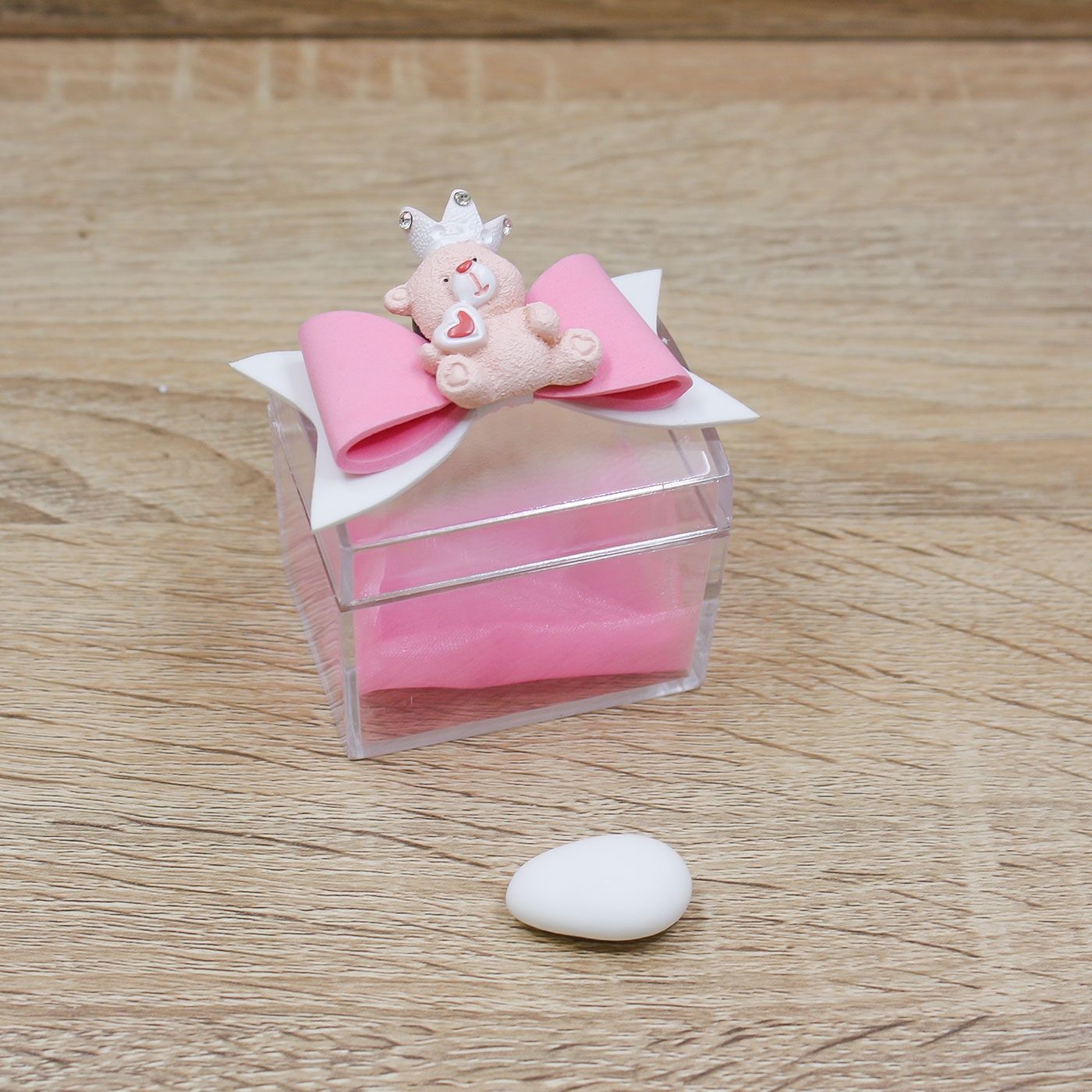 Portaconfetti con Magnete Orsetto Rosa e Fiocco