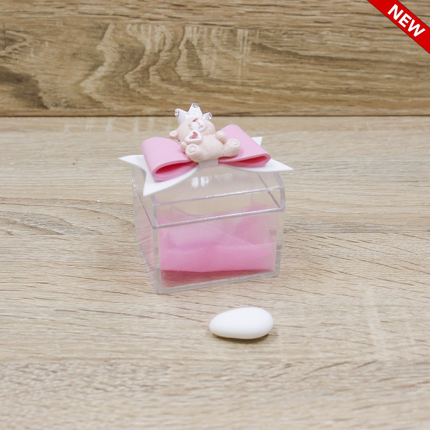 Portaconfetti con Magnete Orsetto Rosa e Fiocco