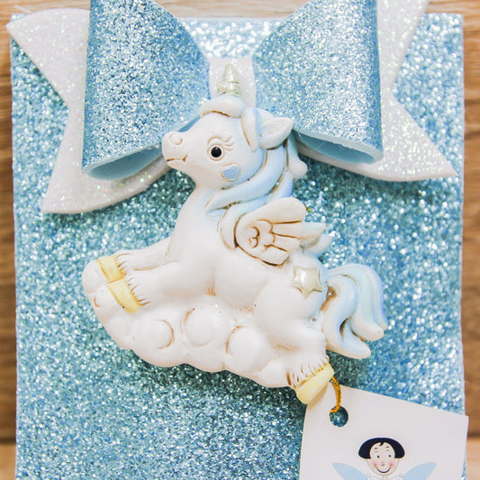 Portaconfetti Glitter Celeste con Magnete Unicorno