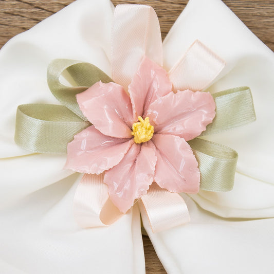 Sacchetto Fiocco con Fiore Rosa Porcellana di Capodimonte