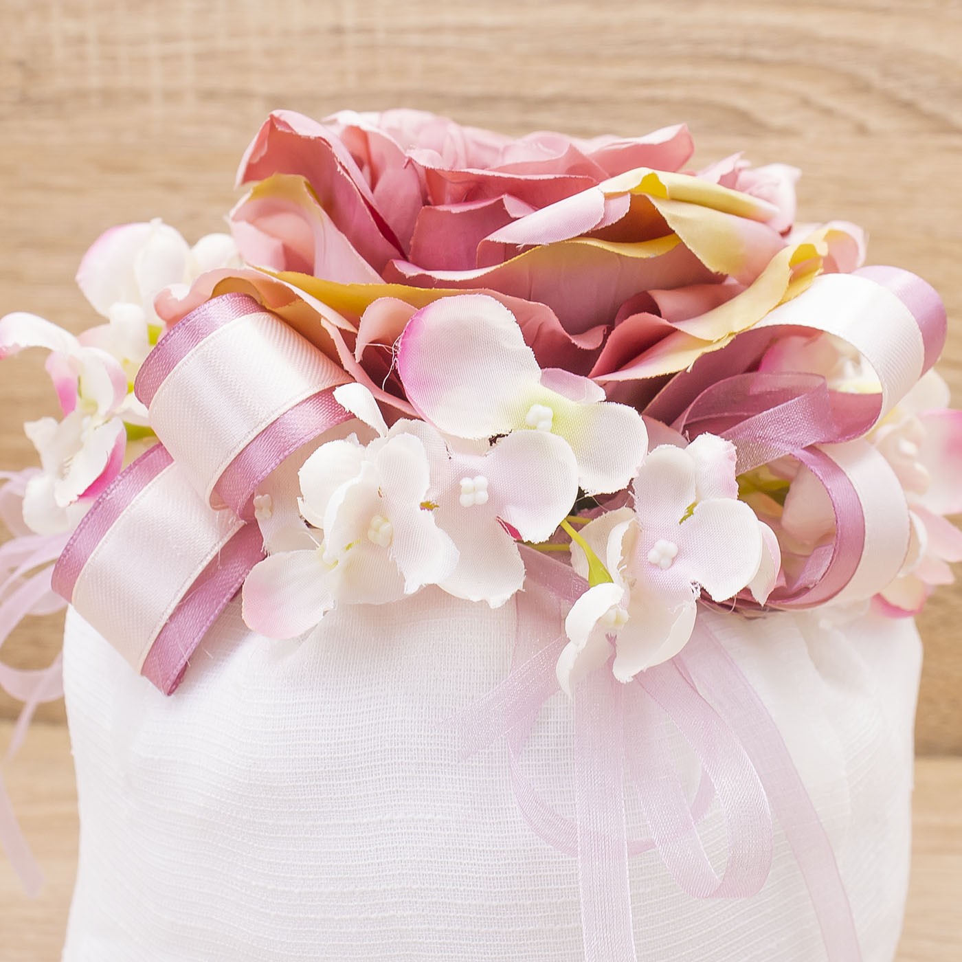 Sacchettone Alto con Ortensie e Fiore Rosa e Sali Profumati Francesi La Vie en Rose