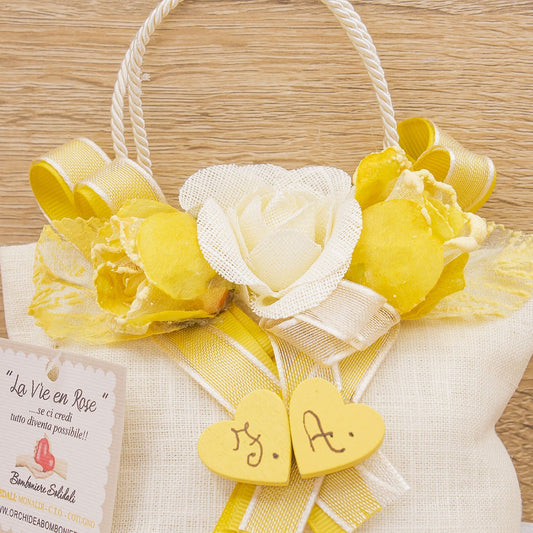 Sacchetto Borsetta con Fiori Oro Personalizzato e Sali Profumati Francesi La Vie en Rose