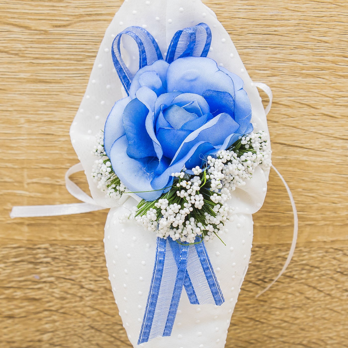 Sacchetto Cono Bianco a Pois con Fiore Blu e Sali Profumati La Vie en Rose