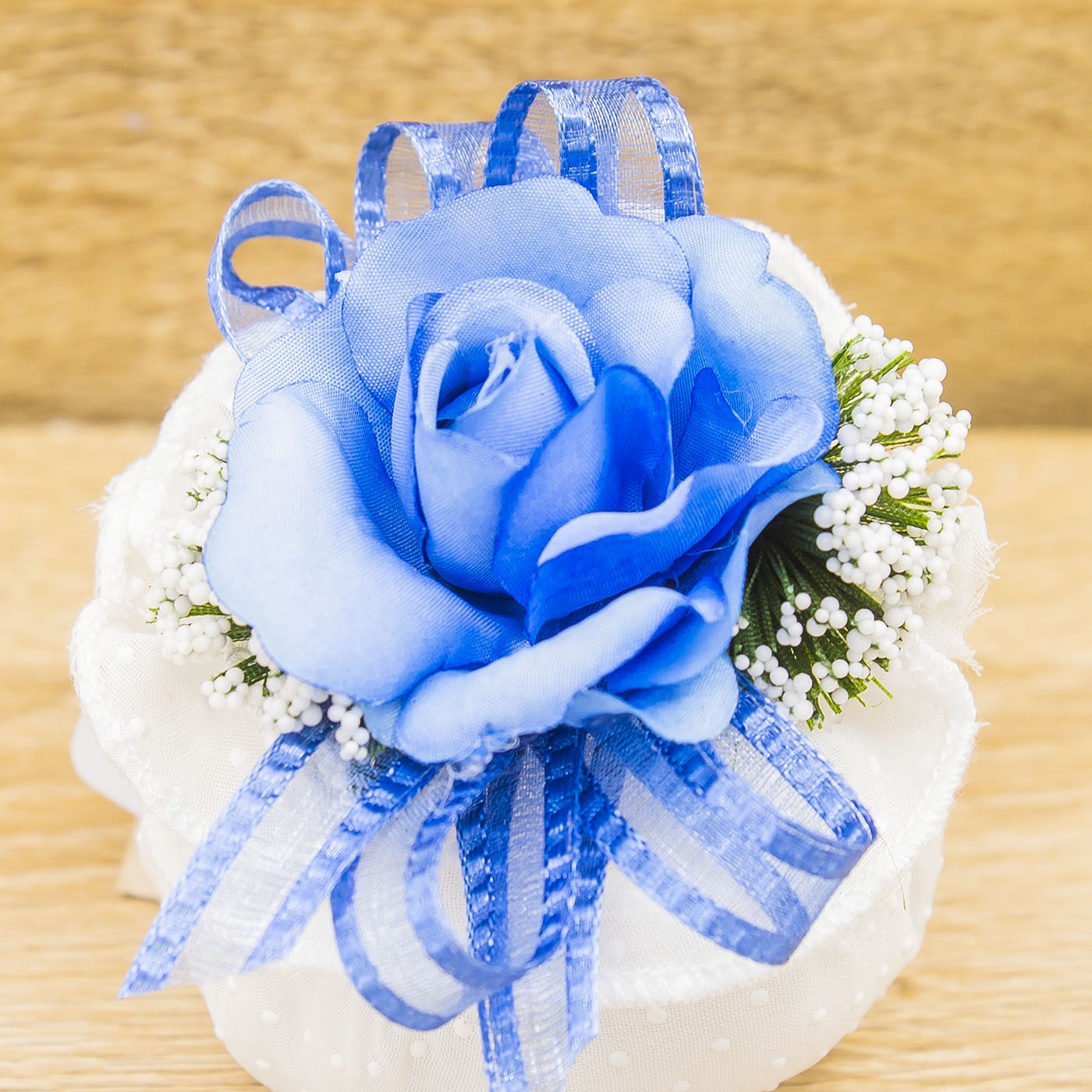 Sacchettino Bianco a Pois con Fiore Blu e Sali Profumati La Vie en Rose