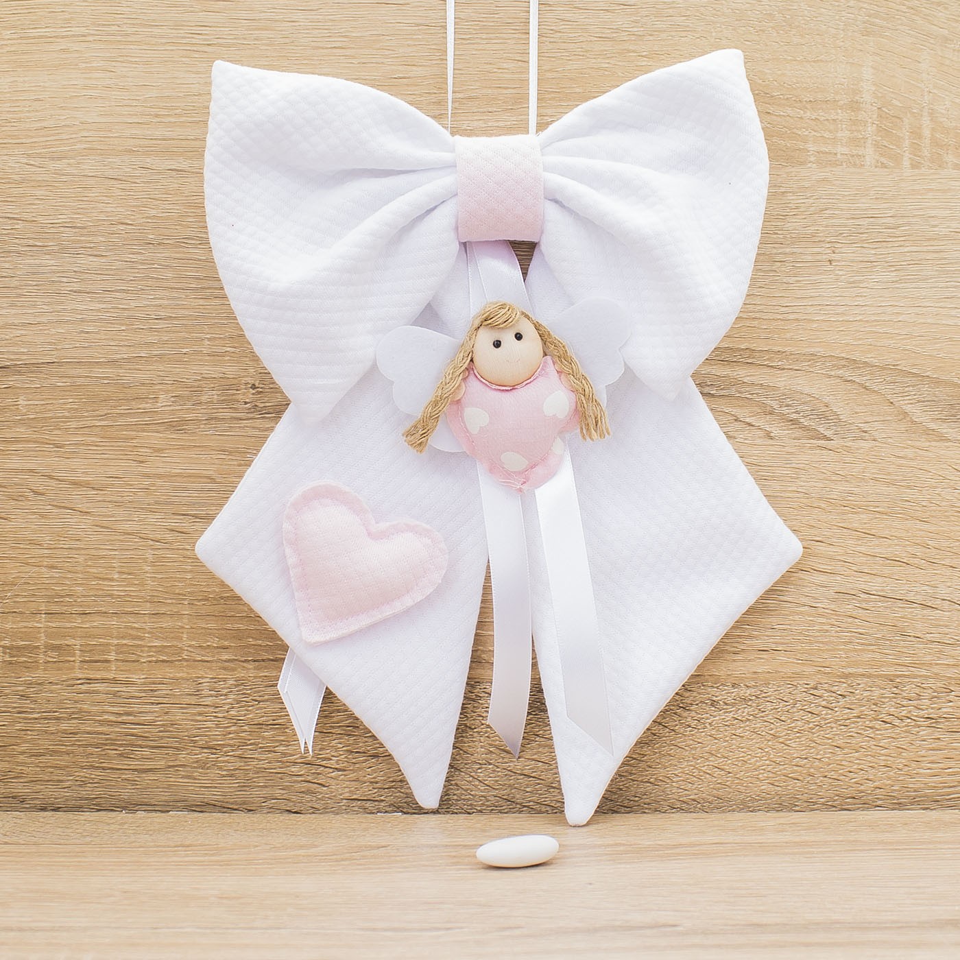 Coccarda Fiocco Bianco con Cuore e Angelo
