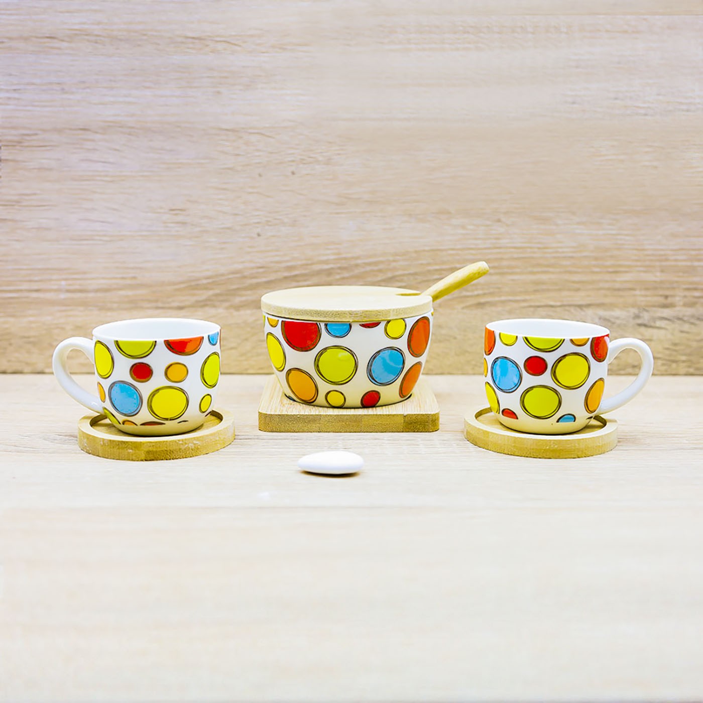 Set 2 Tazzine e Zuccheriera con Bolle Colorate "Caffettino" Cuore Matto