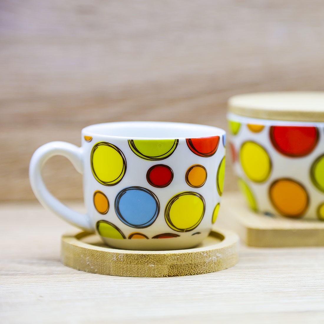 Set 2 Tazzine e Zuccheriera con Bolle Colorate "Caffettino" Cuore Matto