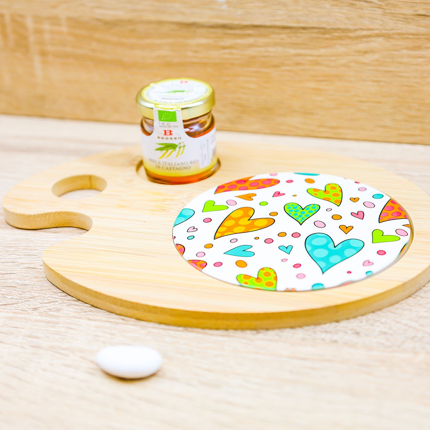 Tagliere Tondo con Cuoricini e Miele Cuore Matto