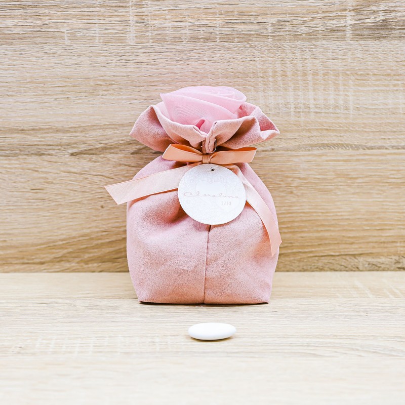 sacchetto claraluna colore tortora con rosa grande - Bomboniere Dolci  Emozioni