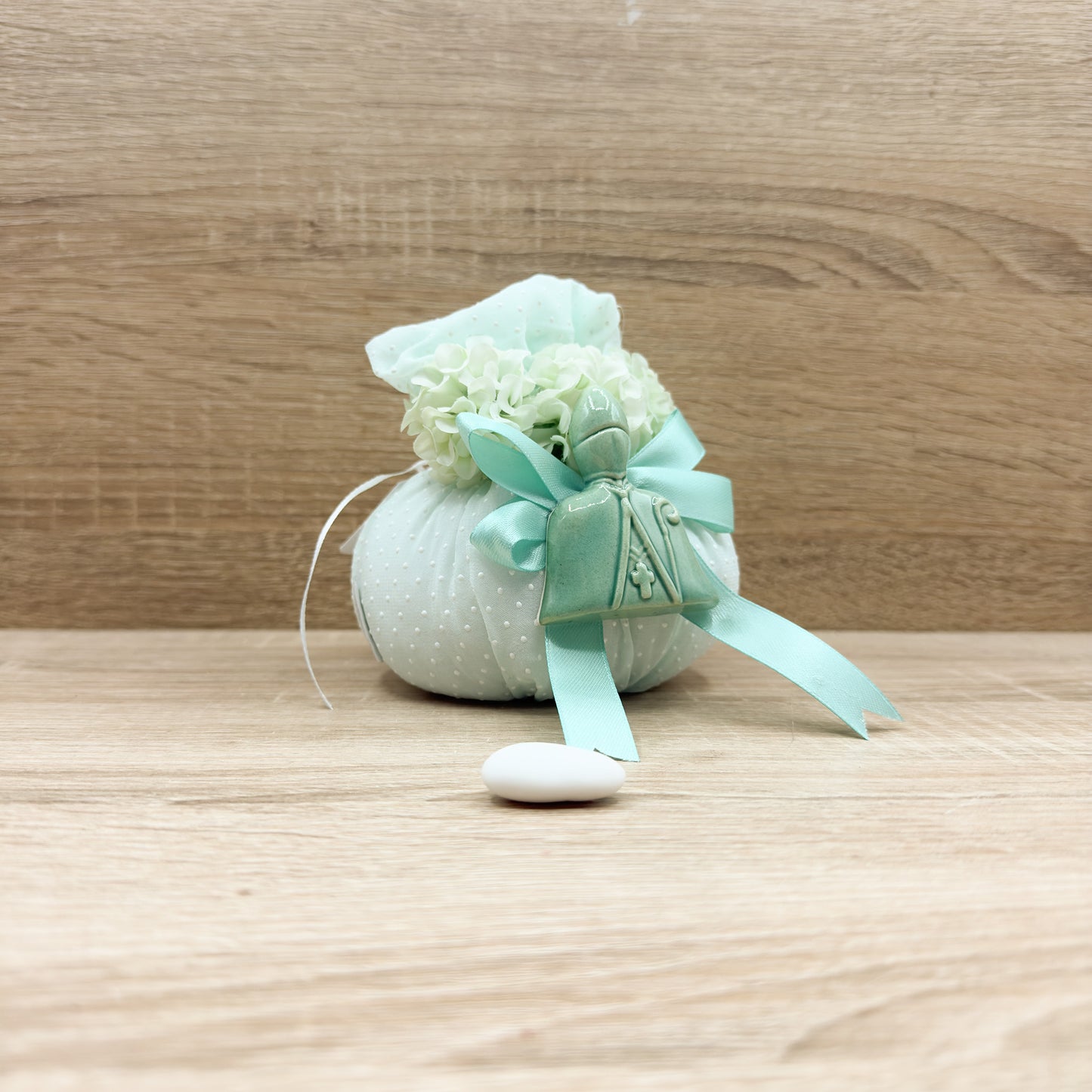 Sacchettone Pois Tiffany Con Ortensie e San Gennaro Orchidea Bomboniere