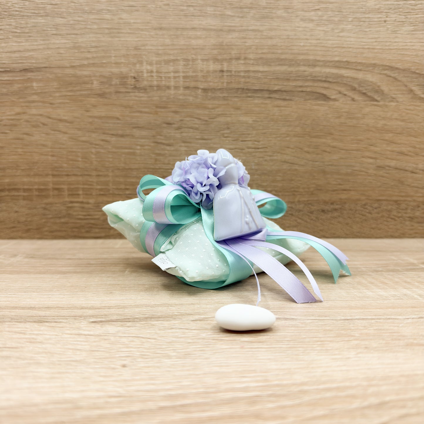 Sacchetto Cuscino  Tiffany Con Ortensie Viola e San Gennaro Orchidea Bomboniere