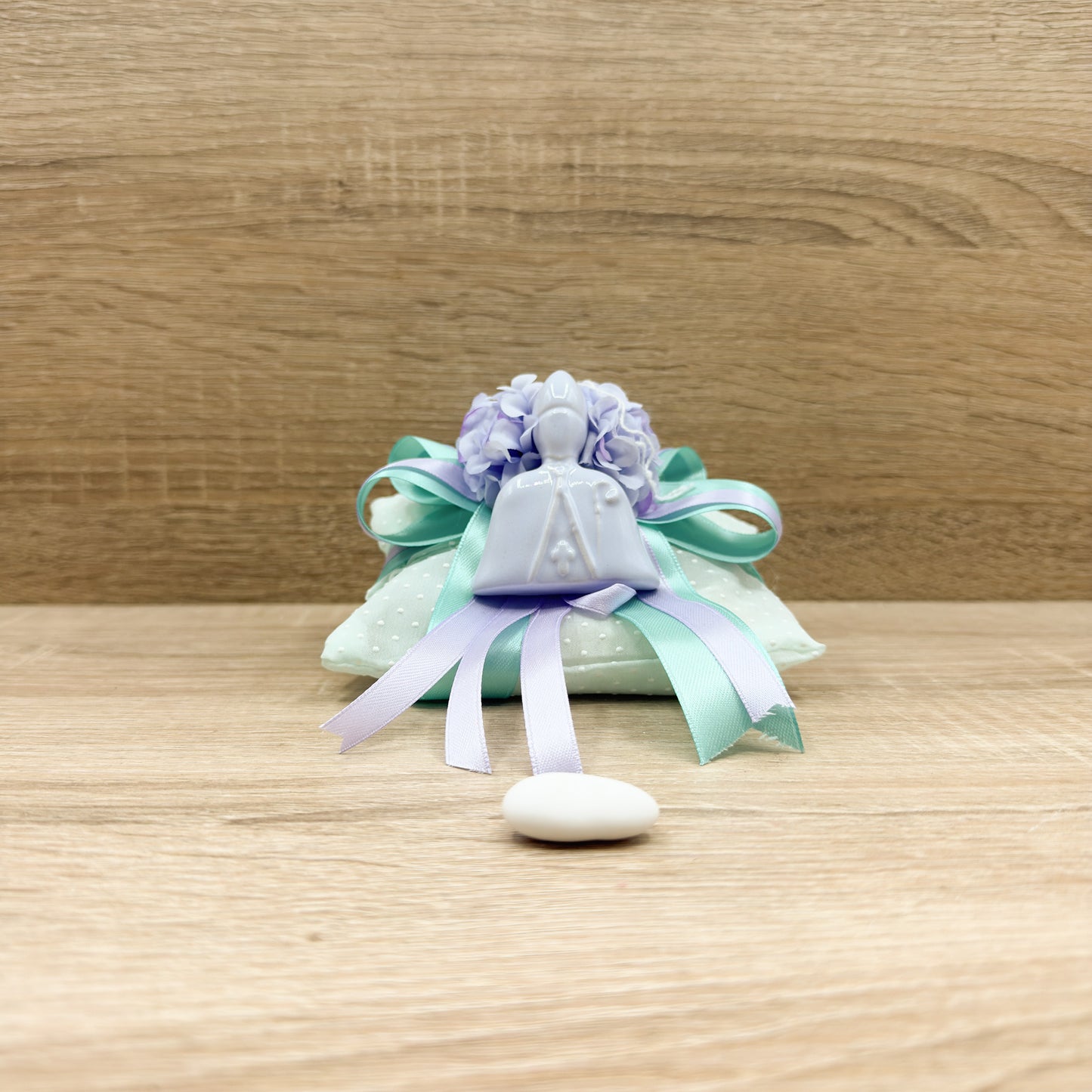 Sacchetto Cuscino  Tiffany Con Ortensie Viola e San Gennaro Orchidea Bomboniere