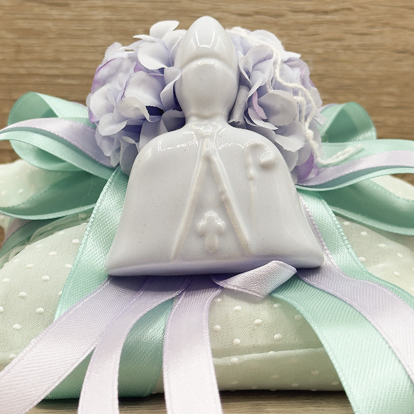 Sacchetto Cuscino  Tiffany Con Ortensie Viola e San Gennaro Orchidea Bomboniere