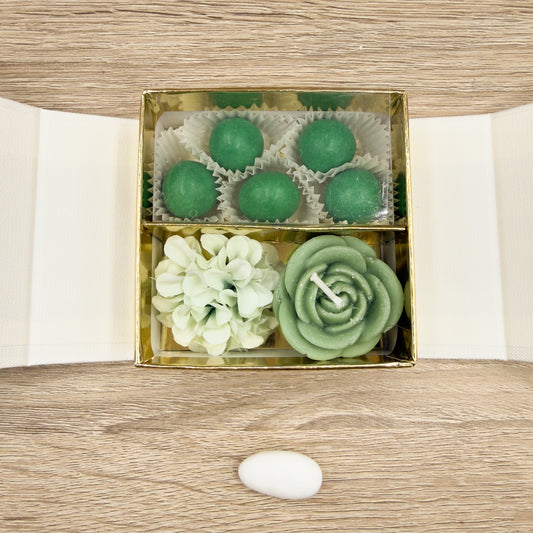 Scatolina Con Confetti E Candela Rosa Verde Orchidea Bomboniere