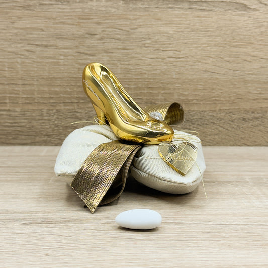 Sacchetto Fiocco Con Scarpetta Oro Con Sali Profumati Orchidea Bomboniere