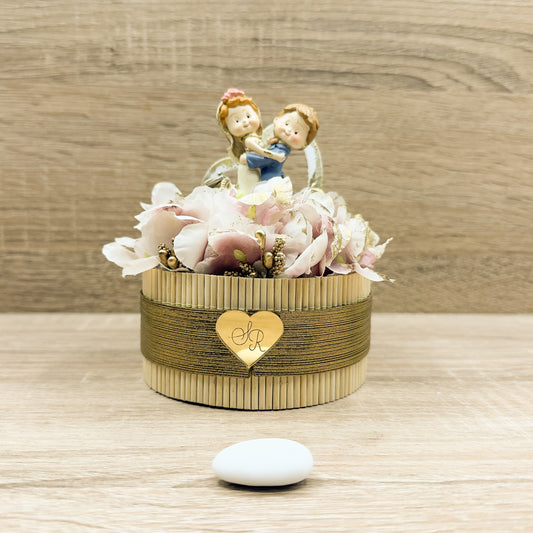 Scatola Vimini Sposini E Ortensia Rosa Orchidea Bomboniere