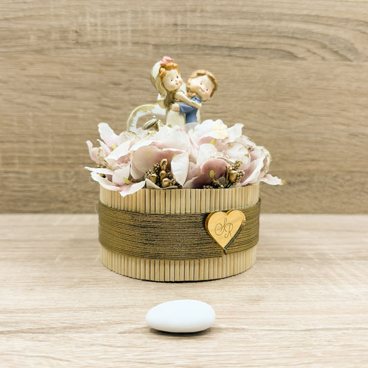 Scatola Vimini Sposini E Ortensia Rosa Orchidea Bomboniere