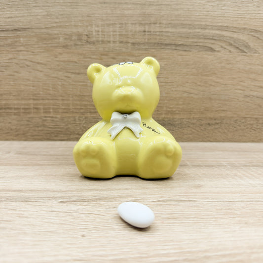 Salvadanaio Orsetto Giallo Con Fiocco Bianco Orchidea Bomboniere