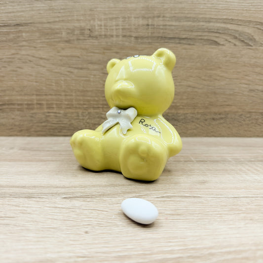 Salvadanaio Orsetto Giallo Con Fiocco Bianco Orchidea Bomboniere