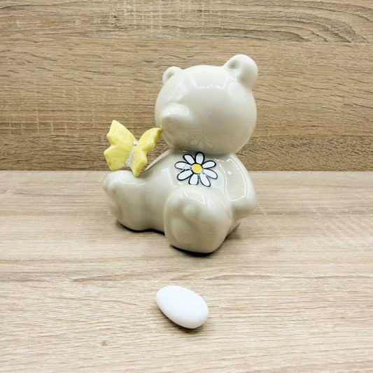 Salvadanaio Orsetto Beige Con Farfalla Gialla Orchidea Bomboniere