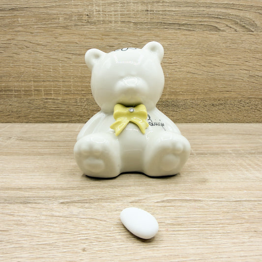 Salvadanaio Orsetto Beige Con Fiocco Giallo E Scritta Orchidea Bomboniere