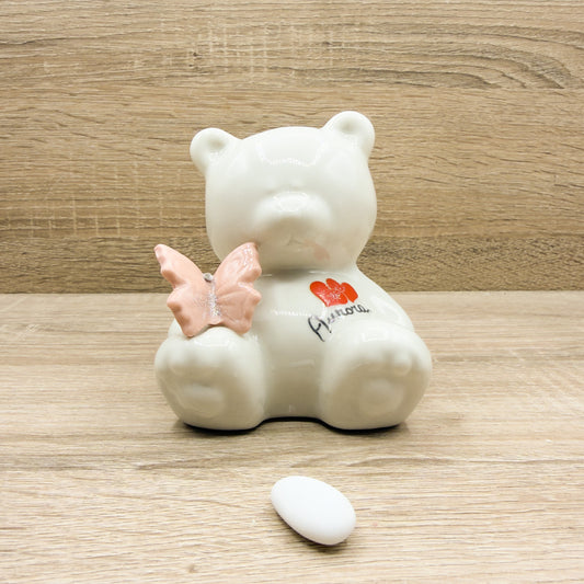 Salvadanaio Orsetto Beige Con Farfalla Rosa Orchidea Bomboniere