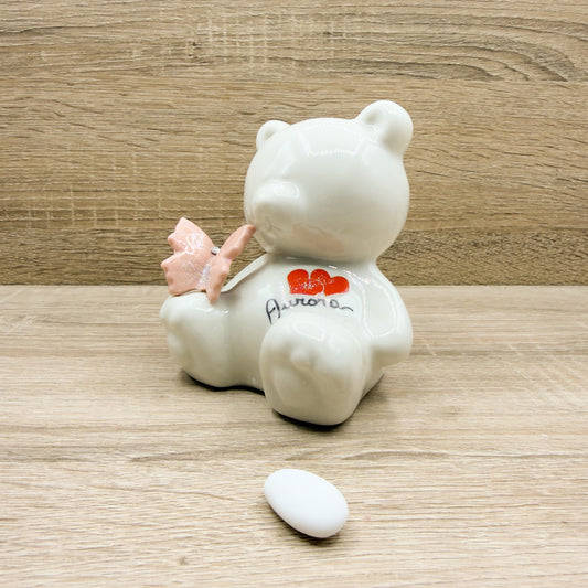 Salvadanaio Orsetto Beige Con Farfalla Rosa Orchidea Bomboniere