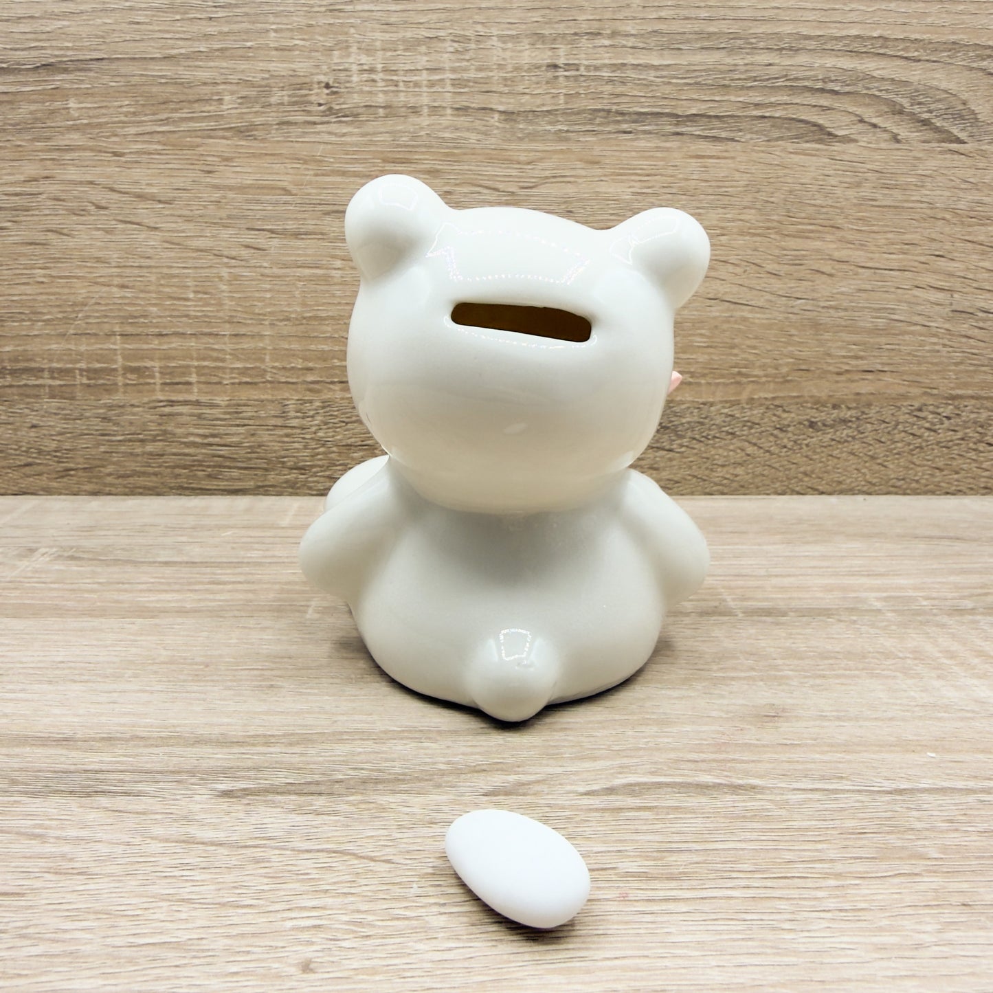 Salvadanaio Orsetto Beige Con Farfalla Rosa Orchidea Bomboniere