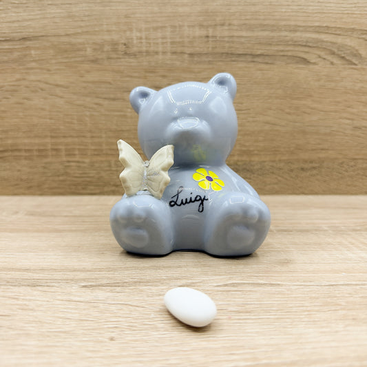 Salvadanaio Orsetto Azzurro Con Farfalla Beige Orchidea Bomboniere