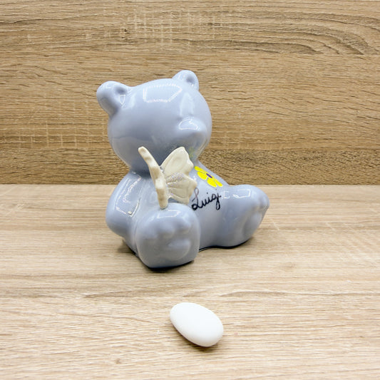 Salvadanaio Orsetto Azzurro Con Farfalla Beige Orchidea Bomboniere