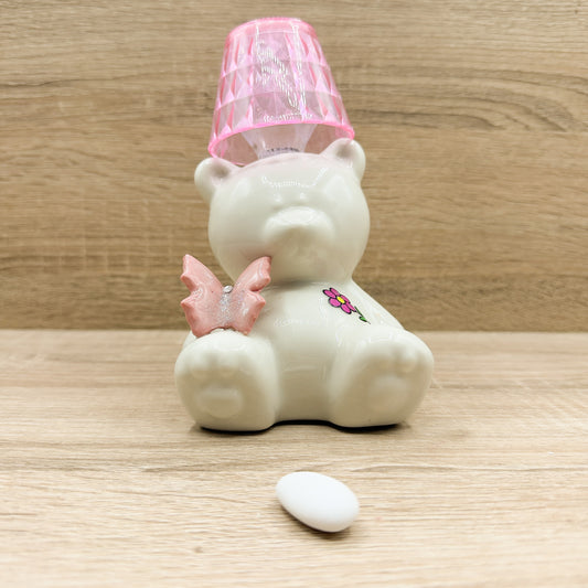 Lampada Salvadanaio Orsetto Bianco Orchidea Bomboniere