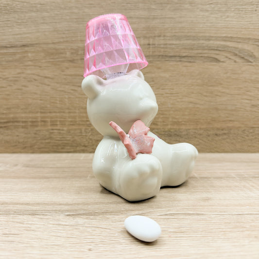 Lampada Salvadanaio Orsetto Bianco Orchidea Bomboniere