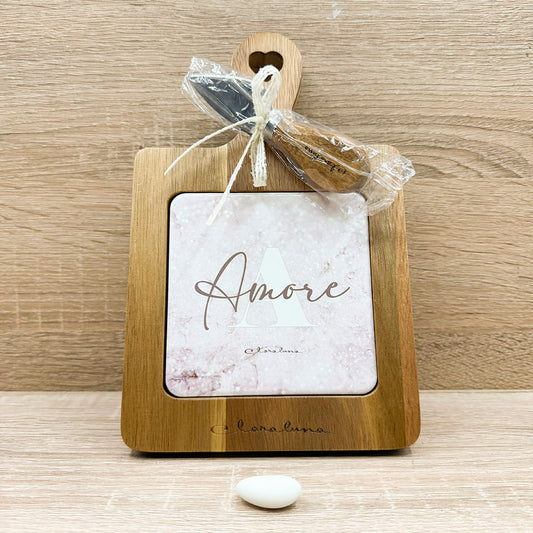 Tagliere Acacia Con Coltellino  Decoro "Amore" Claraluna