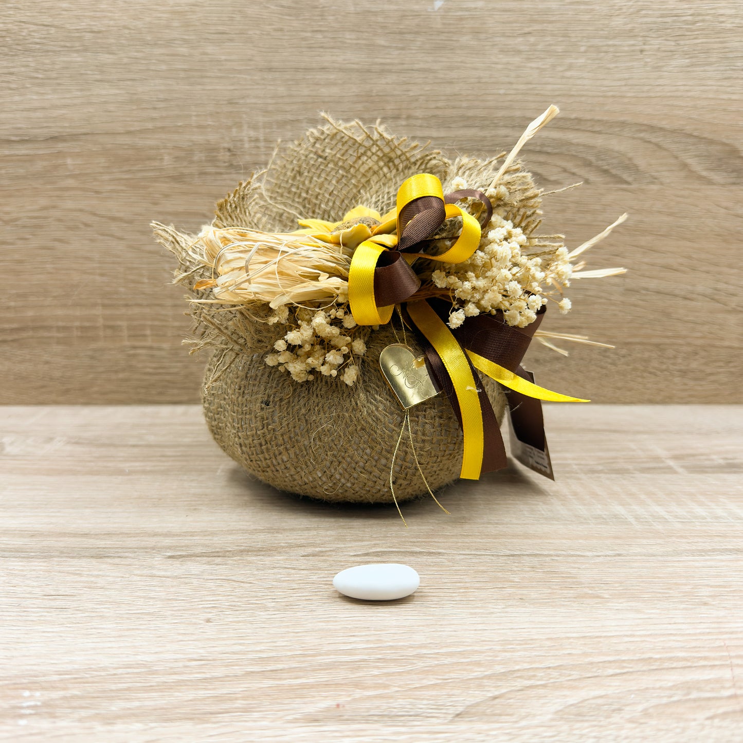 Sacchetto Con Girasole E Cuore Oro Orchidea Bomboniere
