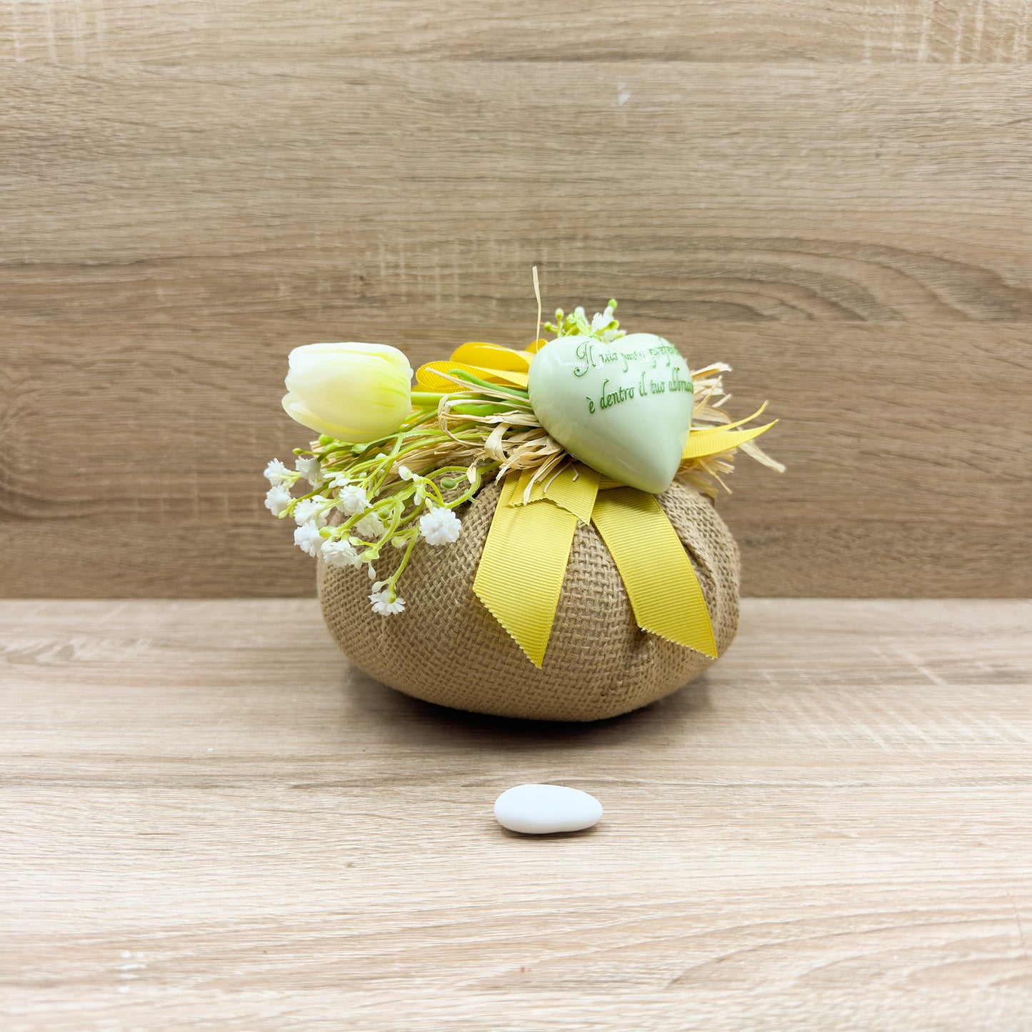 Sacchetto Con Tulipano Giallo E Cuore Verde Orchidea Bomboniere