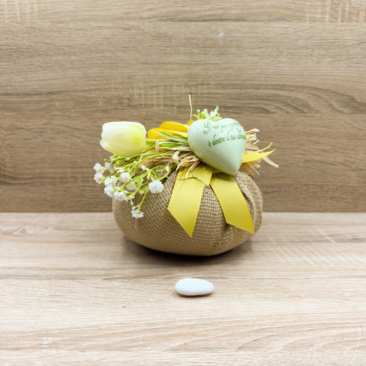 Sacchetto Con Tulipano Giallo E Cuore Verde Orchidea Bomboniere