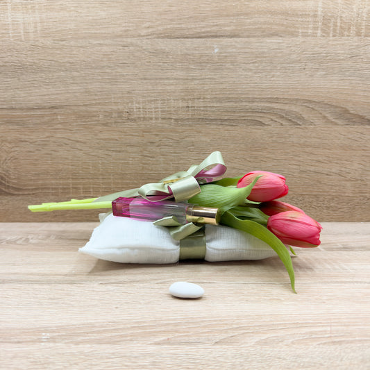 Cuscino Bianco Con Tulipani Rosa e Profumo Orchidea Bomboniere