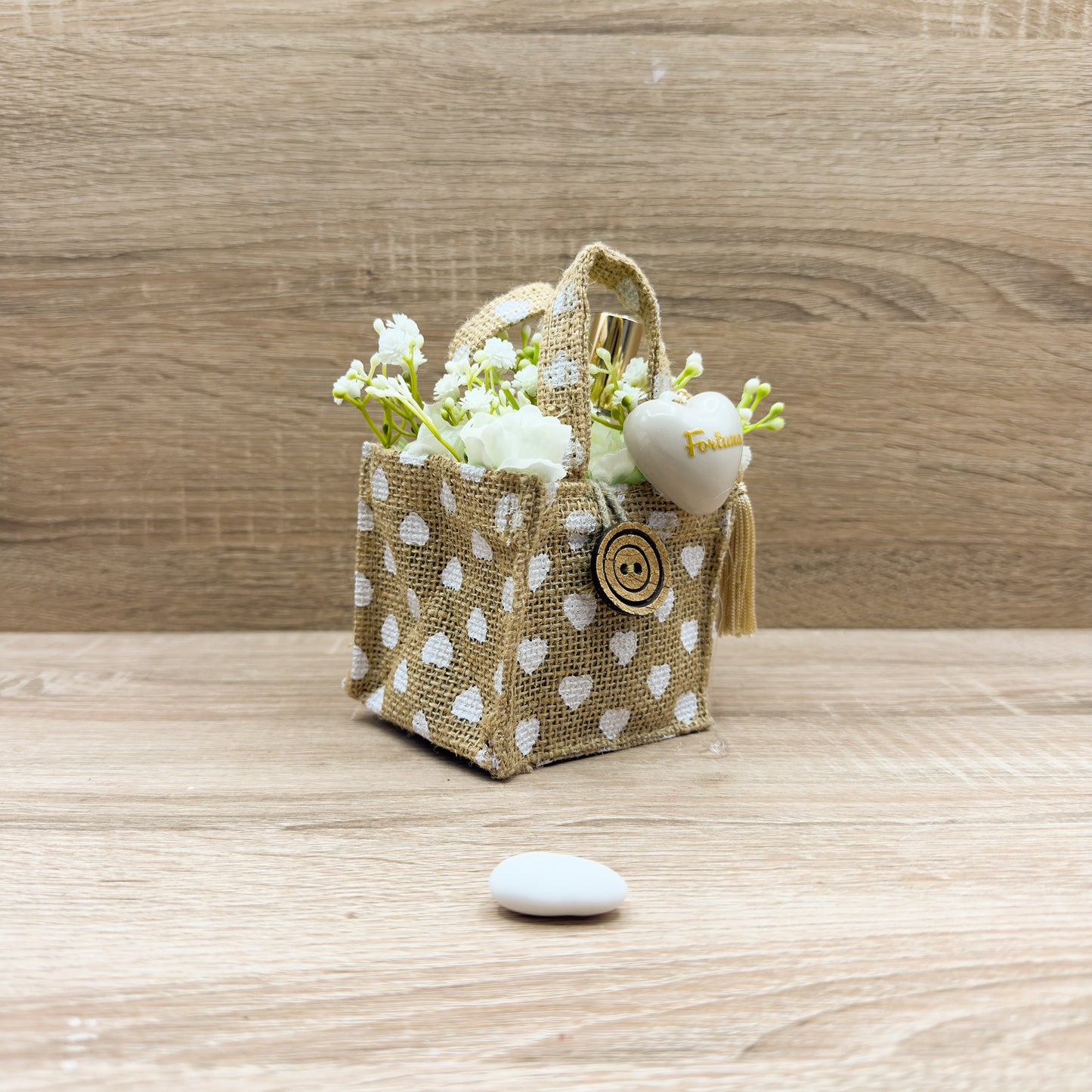 Borsetta A Cuori Con Cuore Bianco "Fortuna" Orchidea Bomboniere