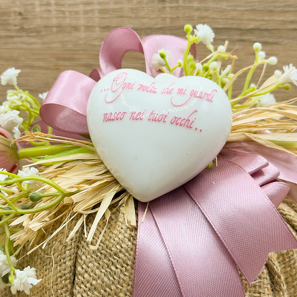 Sacchetto Con Tulipano Rosa E Cuore Bianco Orchidea Bomboniere