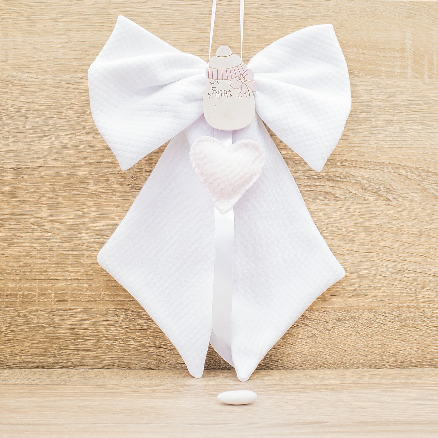 Coccarda Fiocco Bianco con Cuore e Biberon Personalizzato