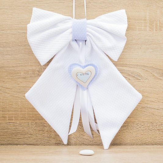 Coccarda Fiocco Bianco con Cuore Celeste Personalizzato